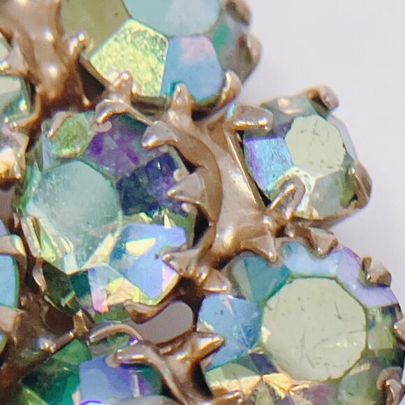 VTG Mid Century Earrings AB Rhinestone Cluster Clip On Gold Tone 1950s 60s - Picture 5 of 16